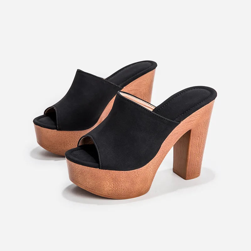 JiaoShangMi Unisex Wedges Sandals Peep Toe Faux Suede Wood Outsole Platform Summer Slip-On Back Strap Height Increasing