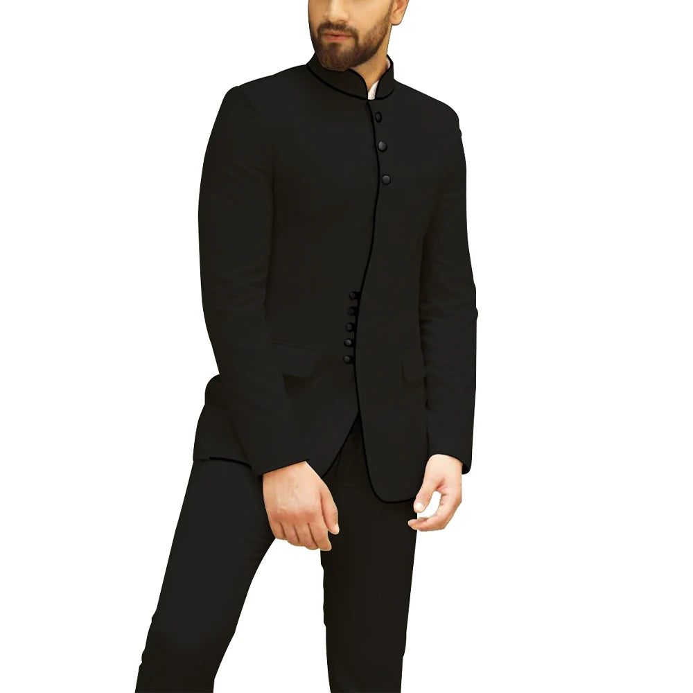 HD140 Dinner Party Mandarin Collar Men Suit 2pcs Wedding Banquet Groom Dress Business Smart Modest Men Suits (Blazer+Pants)