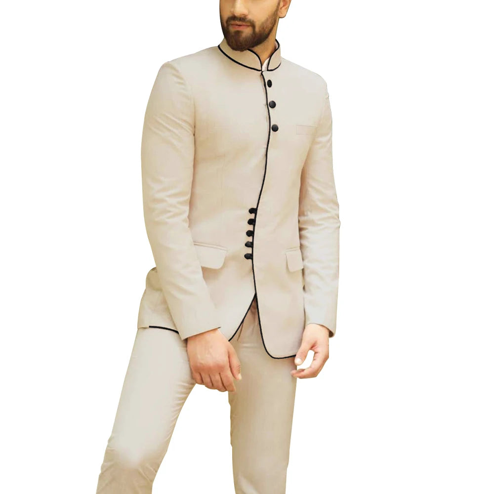 HD140 Dinner Party Mandarin Collar Men Suit 2pcs Wedding Banquet Groom Dress Business Smart Modest Men Suits (Blazer+Pants)