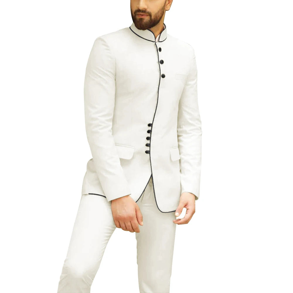HD140 Dinner Party Mandarin Collar Men Suit 2pcs Wedding Banquet Groom Dress Business Smart Modest Men Suits (Blazer+Pants)