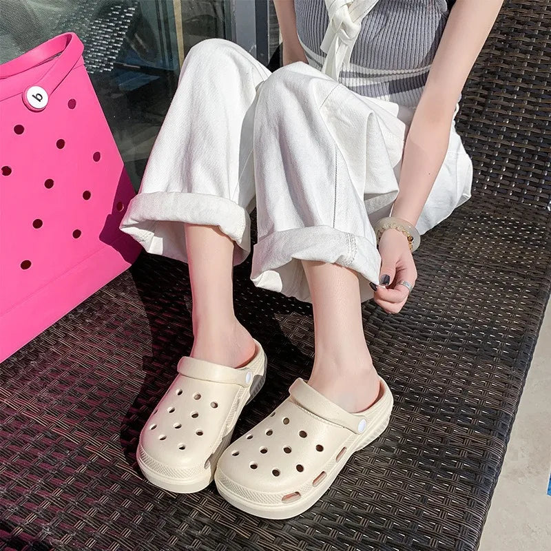Women's Closed Toe Clogs Midsole Thick Sole Height Increasing EVA Outsole Plastic Upper PVC Lining Summer Slippers Vietnam Made