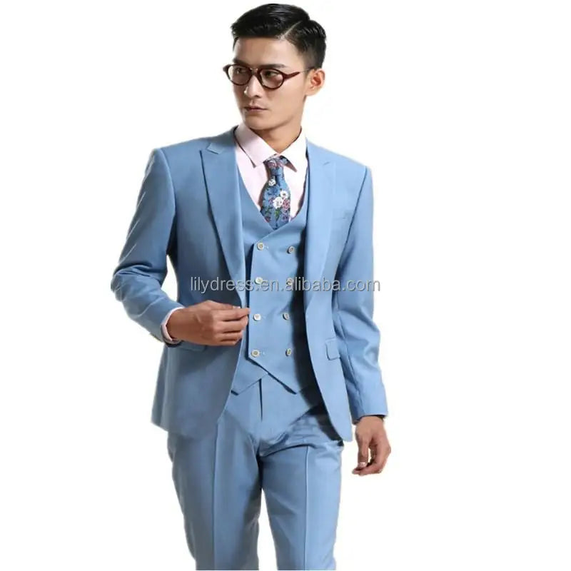 LL033 Costume Homme Tailor Made Light Blue Wedding Suit Male Slim Fit Suits for Men 3 Pieces (Jacket+Pants+Vest) Men Suit