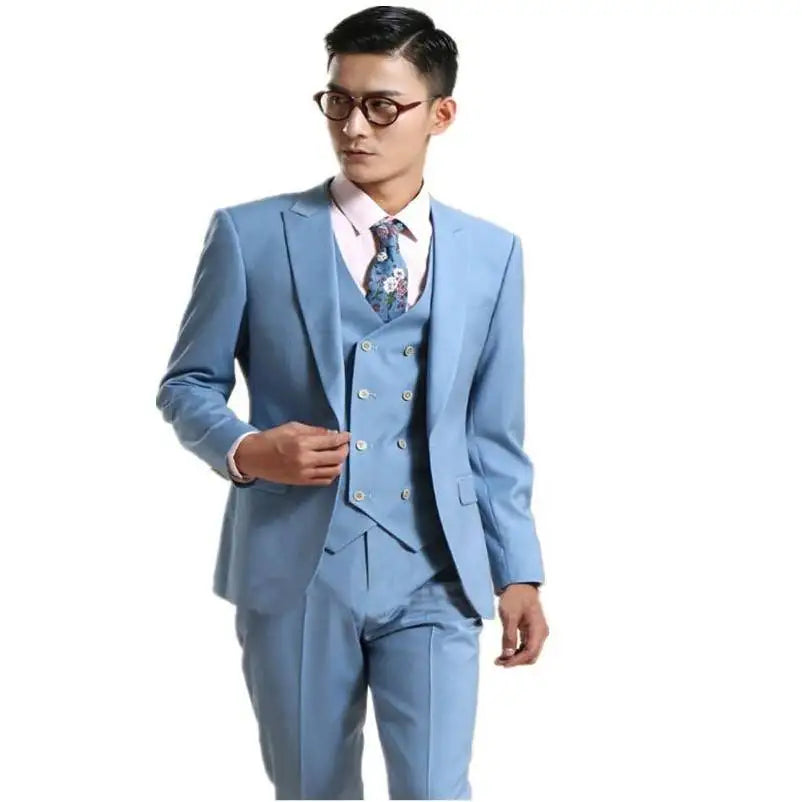 LL033 Costume Homme Tailor Made Light Blue Wedding Suit Male Slim Fit Suits for Men 3 Pieces (Jacket+Pants+Vest) Men Suit