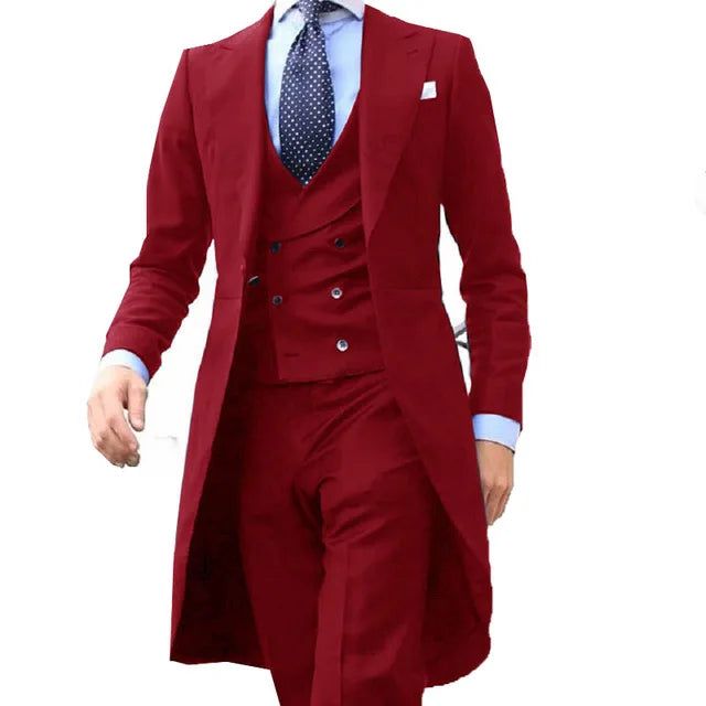 2024 New Arrival l Long Coat Designs Chinese Red Men Suit Gentle Men Tuxedo Prom Blazer Custom 3 Pieces (Jacket+vest+Pants)