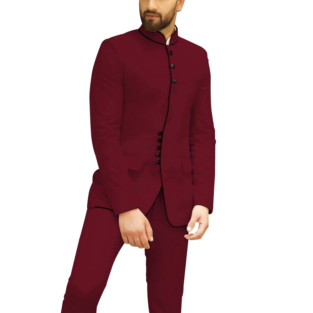 HD140 Dinner Party Mandarin Collar Men Suit 2pcs Wedding Banquet Groom Dress Business Smart Modest Men Suits (Blazer+Pants)