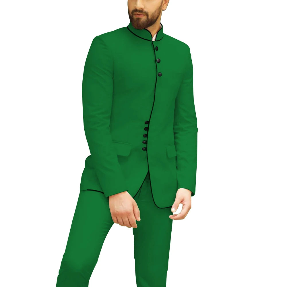 HD140 Dinner Party Mandarin Collar Men Suit 2pcs Wedding Banquet Groom Dress Business Smart Modest Men Suits (Blazer+Pants)