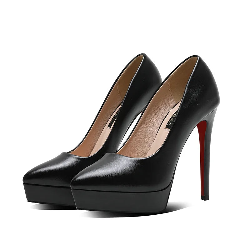Luxury Women Pumps Spring Autumn Slip-On Platform PU Leather 12cm Thin Heels Korean Style Casual Women Profession Shoes Black