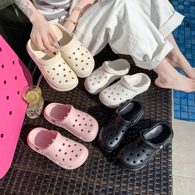 Women's Closed Toe Clogs Midsole Thick Sole Height Increasing EVA Outsole Plastic Upper PVC Lining Summer Slippers Vietnam Made