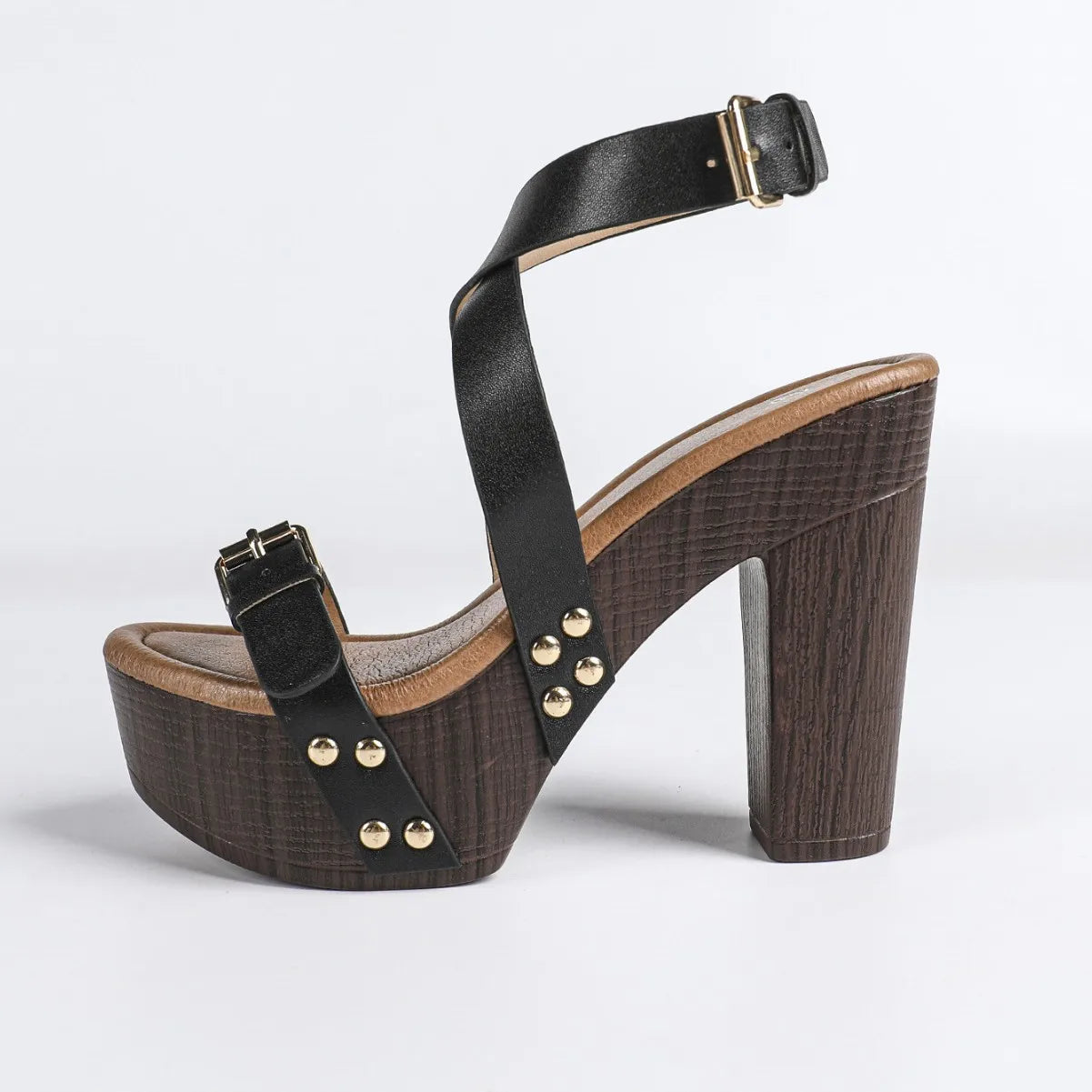 Cross Strap Platform High Heels Women Open Toe Block Heel Fashion Trend Buckle Wooden Outsole Solid Style Microfiber