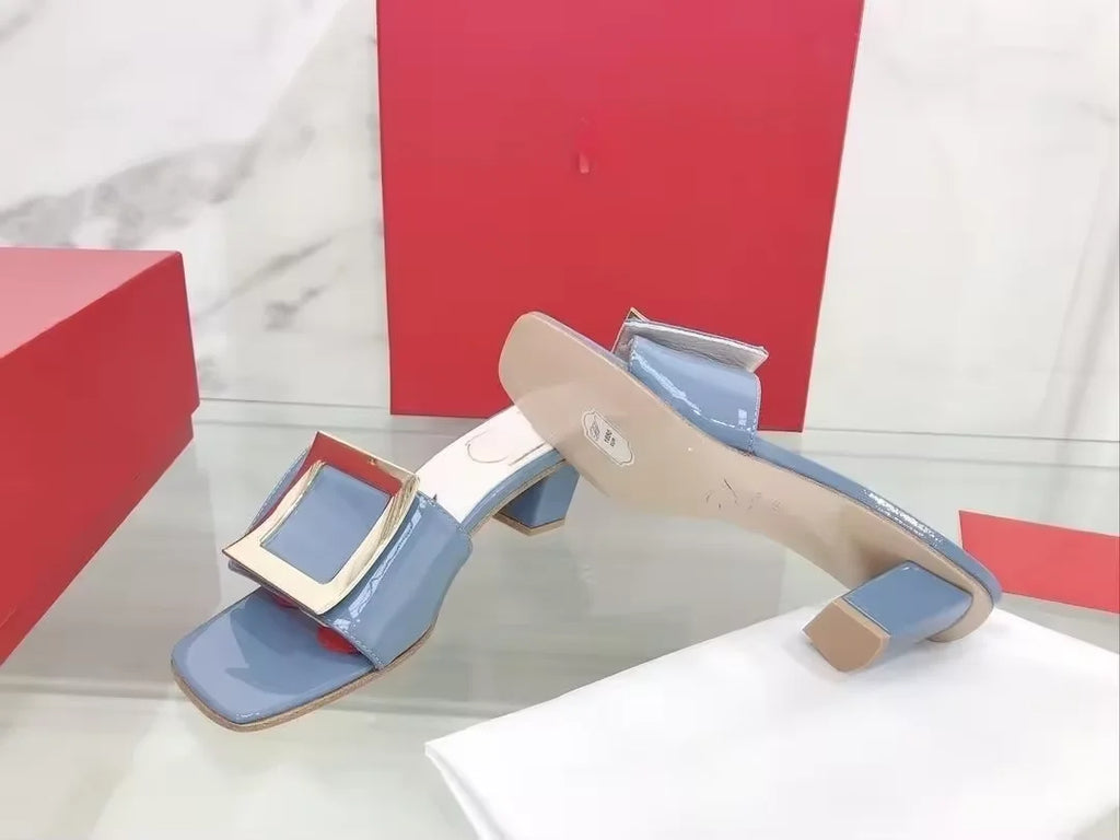 2024 New Stock Genuine Leather Open Toe Women Large Buckle Block Heel Slide Sandals for Ladies