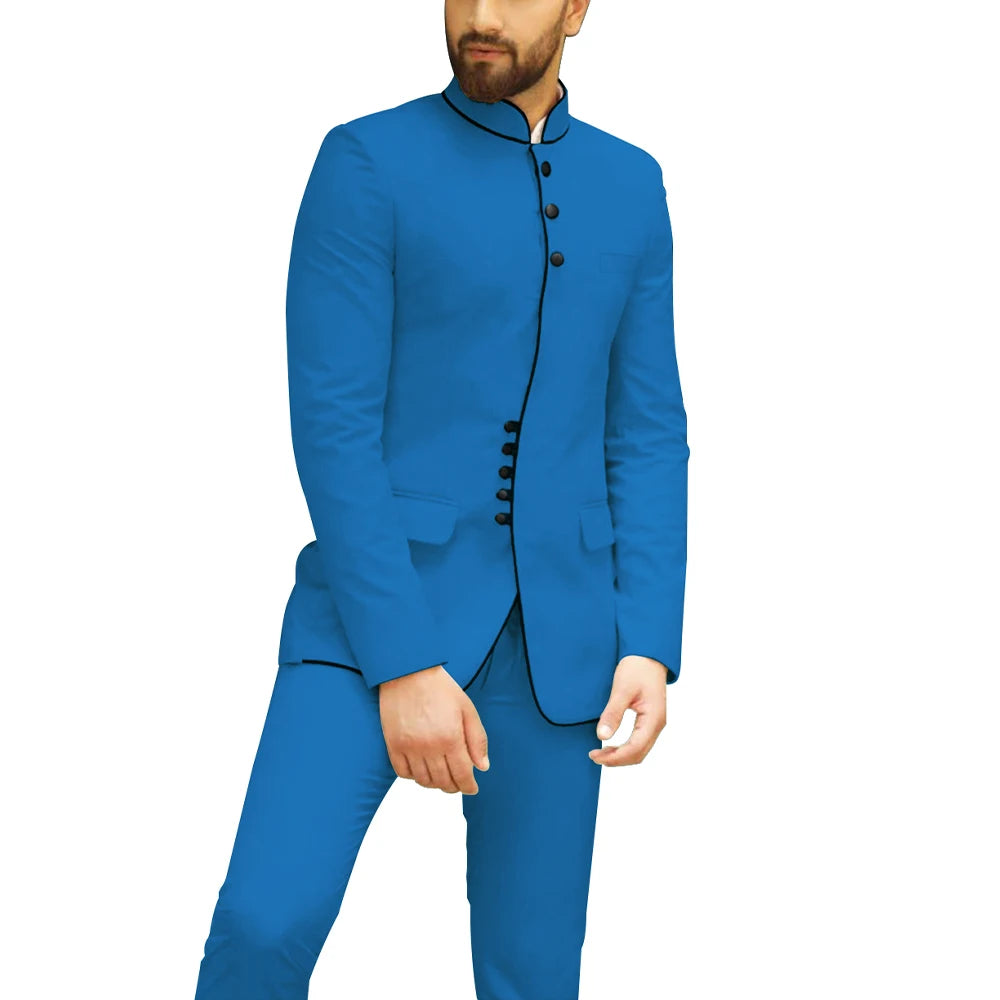 HD140 Dinner Party Mandarin Collar Men Suit 2pcs Wedding Banquet Groom Dress Business Smart Modest Men Suits (Blazer+Pants)