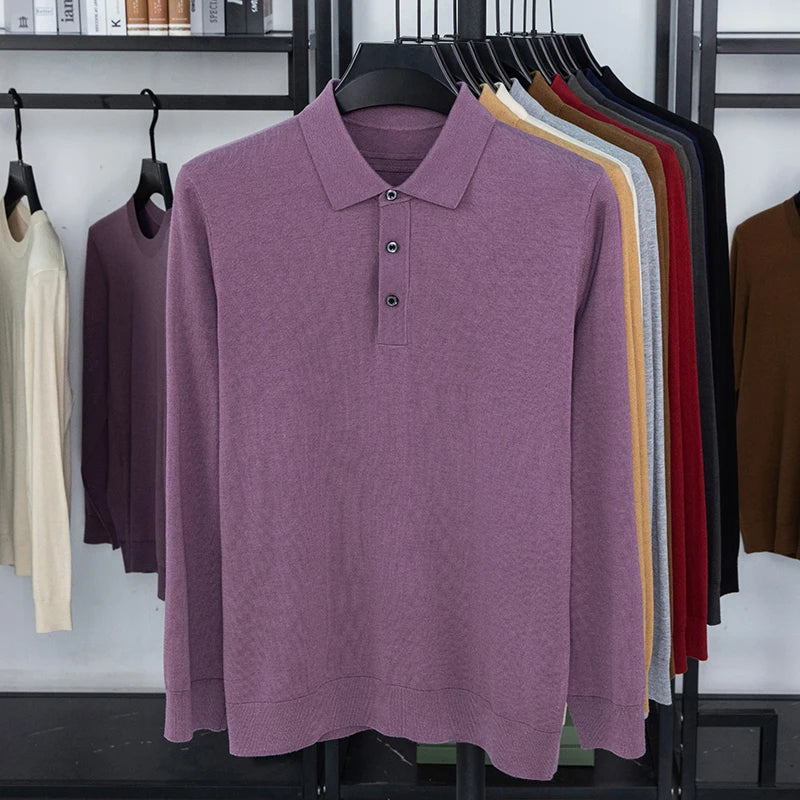 3.5% Goat Cashmere Sweater Polos Men 2025 Autumn 5.5% Mulberry Silk Knit T-shirt Long Sleeve Jumper Silk Wool Sweater Tops