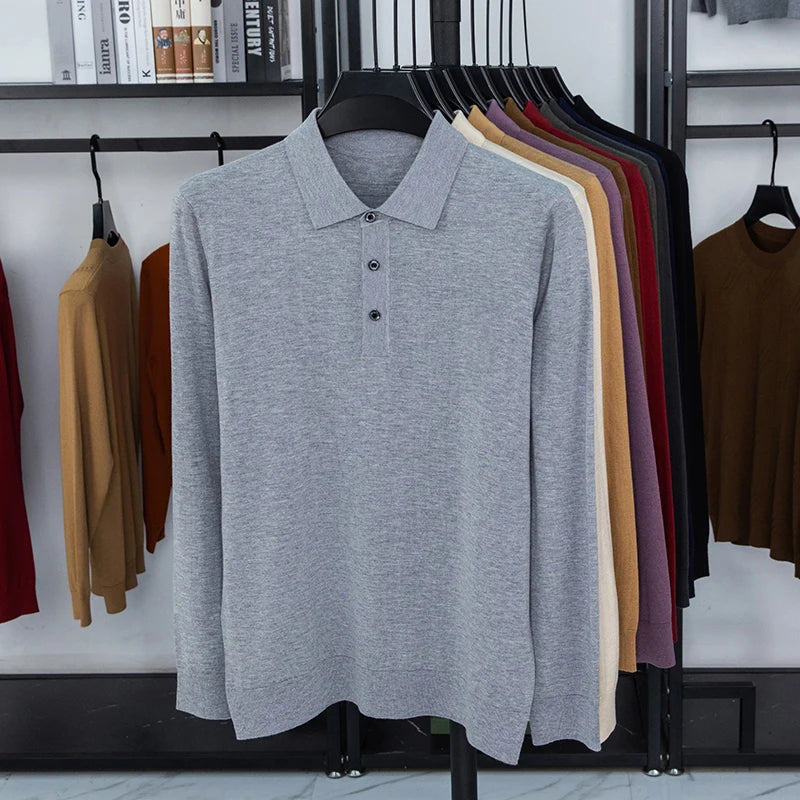 3.5% Goat Cashmere Sweater Polos Men 2025 Autumn 5.5% Mulberry Silk Knit T-shirt Long Sleeve Jumper Silk Wool Sweater Tops