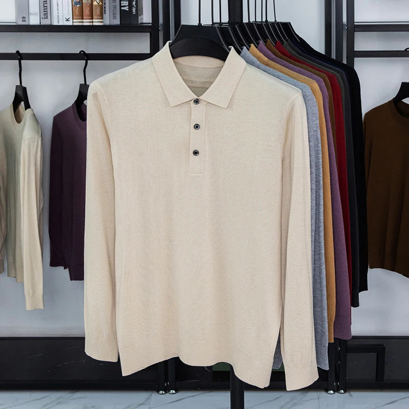 3.5% Goat Cashmere Sweater Polos Men 2025 Autumn 5.5% Mulberry Silk Knit T-shirt Long Sleeve Jumper Silk Wool Sweater Tops