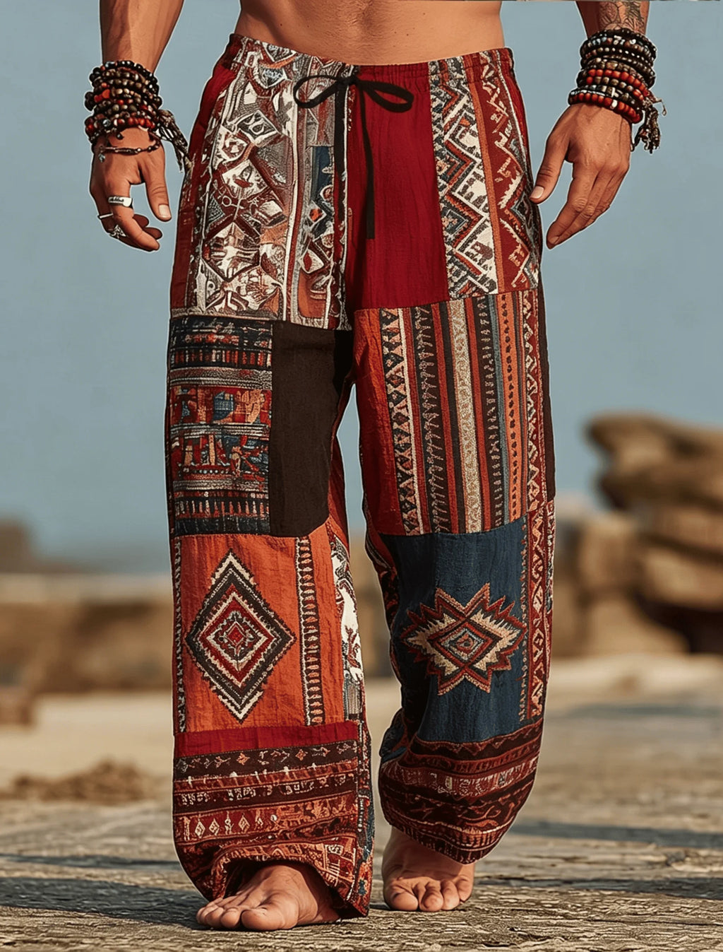 Men's Retro Tribal Print Casual Pants 3D Print Pants, Mid Waist Baggy Drawstring Pants with Pockets,Spring & Summer