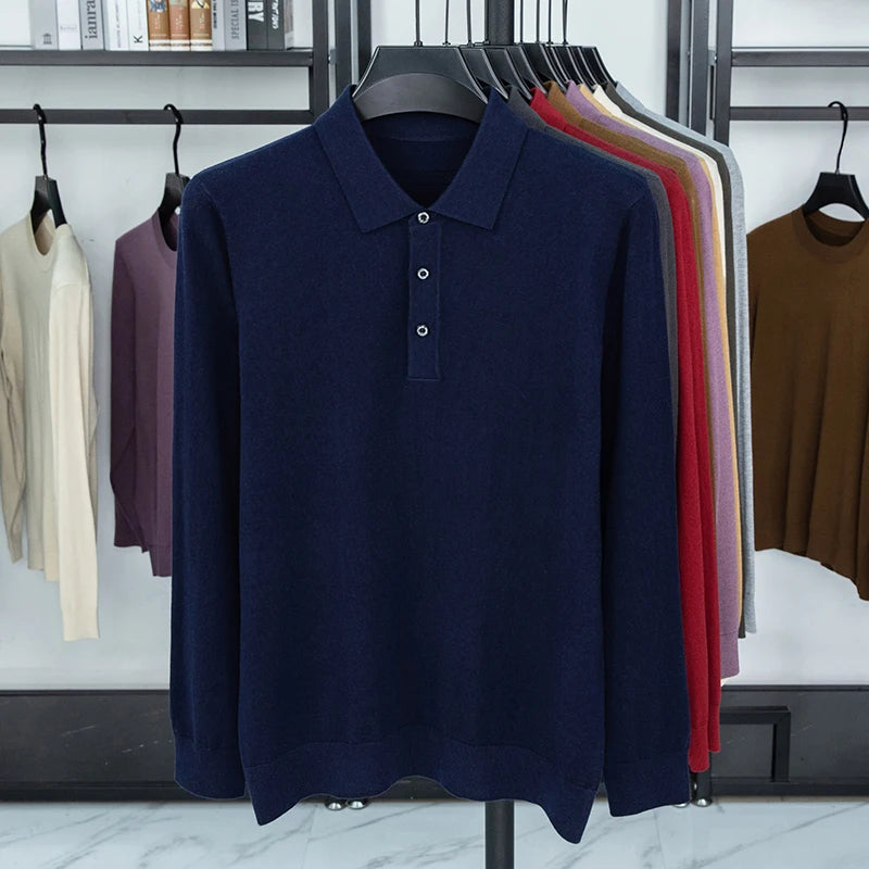 3.5% Goat Cashmere Sweater Polos Men 2025 Autumn 5.5% Mulberry Silk Knit T-shirt Long Sleeve Jumper Silk Wool Sweater Tops