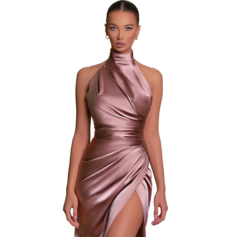 Women Dress Elegant Long Dresses Party Night Dress Women Dresses Woman Female Stand Collar Hanging Neck Sexy Slim Fit Slit